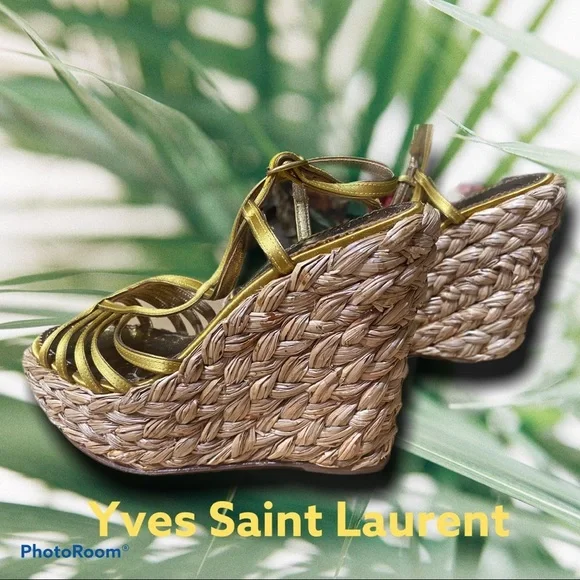 Saint Laurent Loulou Gold Wedge Sandals - Picture 5 of 12